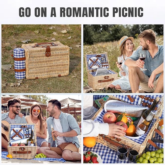 HappyPicnic Picnic Basket Set for 2 - Wicker Picnic Basket with Waterproof Blanket & Insulated Liner, Large Handmade Willow Hamper with Cutlery Kit for Outdoor, Picnic, Camping, Party, Holidays (Blue)