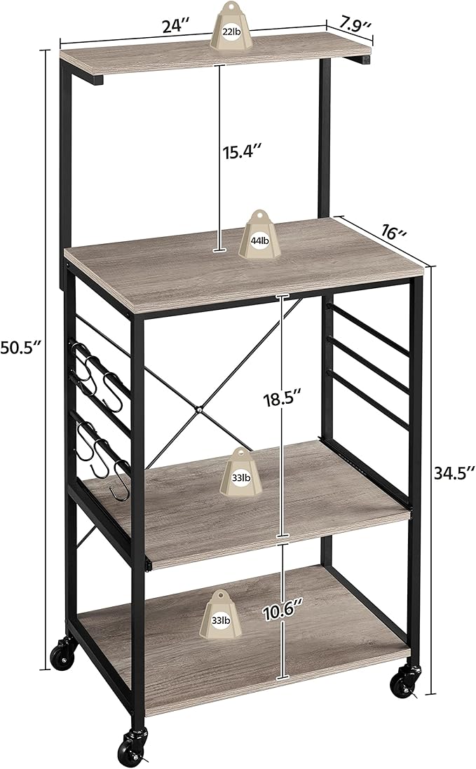 Yaheetech Kitchen Bakers Rack on Wheels(16D x 24W x 50H Inches), Microwave Stand Kitchen Cart, Rolling Coffee Bar Cart with 6 S-Side Hooks and Adjustable Feet, Utility Storage Shelf, Gray