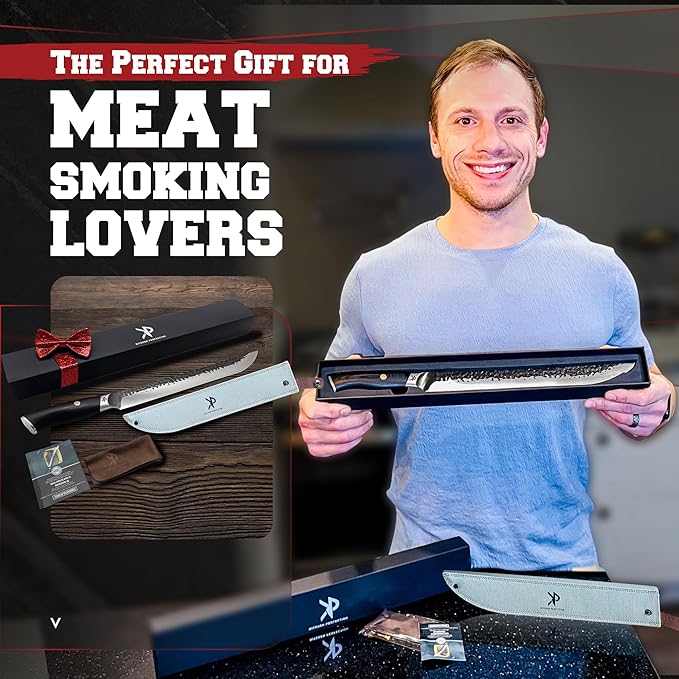 Kitchen perfection 12" Handmade Brisket Knife, Meat Cutting Carving & Slicing BBQ Knife For Men – Insanely Sharp San Mai Steel, W/Canvas Sheath Premium Ergonomic Handle, Best Grilling Gifts for Men
