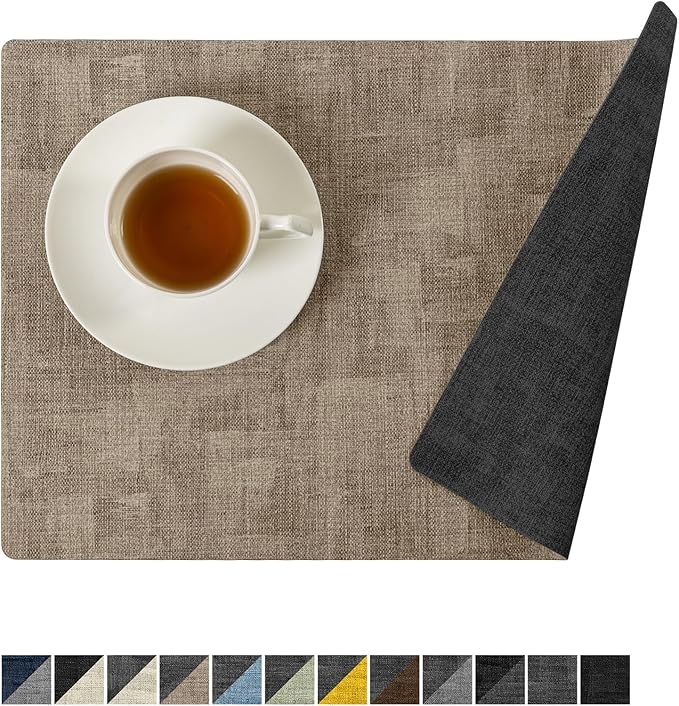 Romanstile Reversible Vinyl Placemats Set of 8, Faux Leather 100% Waterproof Oil-Proof Wipeable Place Mats, Heat Resistant Dual Sided Table Mats for Kitchen/Dining/Party (Grey Khaki, 12 x 17 Inch)