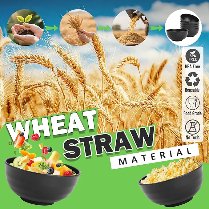 Wheat Straw Bowls Set of 6, Unbreakable Lightweight 60 OZ Salad Bowls for Kitchen and Camping, Big Plastic Bowl for Serving, Cereal, Ramen, Soup, Microwave & Dishwasher Safe, Black