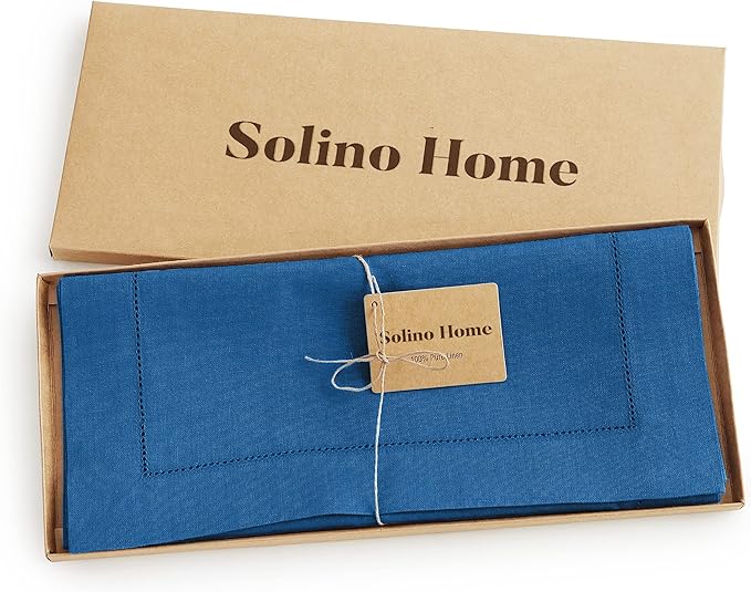 Solino Home Linen Table Runner 36 Inches - 100% Pure Linen Indigo Blue Hemstitch Table Runner 14 x 36 Inch Ideal for Dresser and Coffee Tables - Summer, Fall, Autumn - Classic Hemstitch
