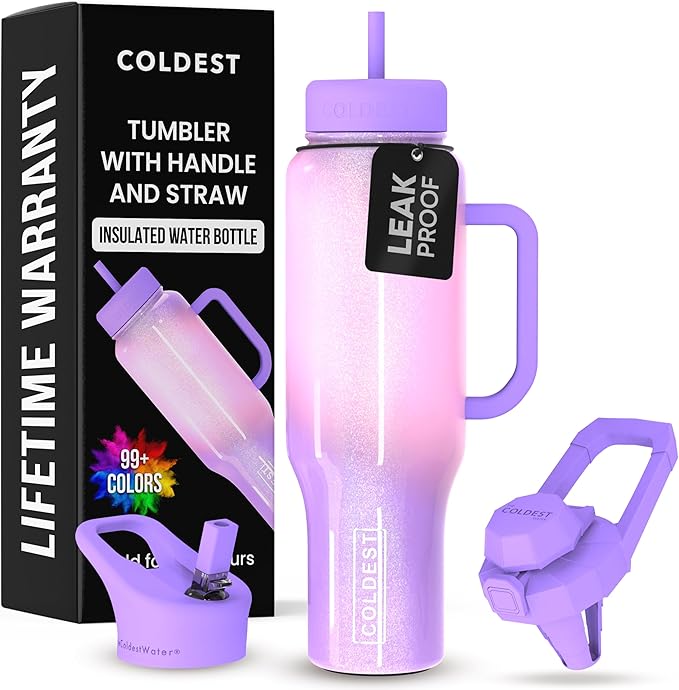 Coldest Tumbler with Handle and Straw - 100% Leak Proof Insulated Tumbler with Lid and Straw (3 Lids) - Stainless Steel Tumblers for Women & Men - Cup Holder Friendly Base, 46 oz (Unicorn)
