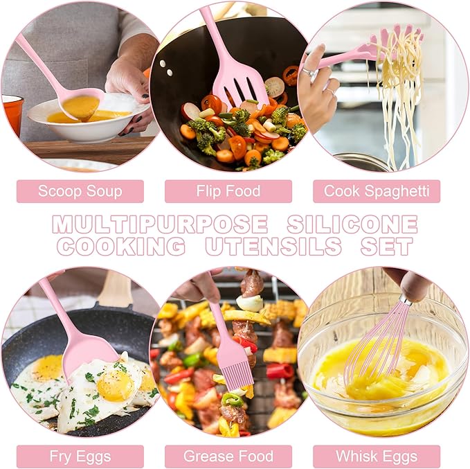 E-far Pink Silicone Cooking Utensils Set, 24Pcs Heat Resistant Kitchen Utensil with Holder, Silicone Kitchen Tools with Spatula Turner Spoon Tongs Whisk, Non-Toxic & Dishwasher Safe