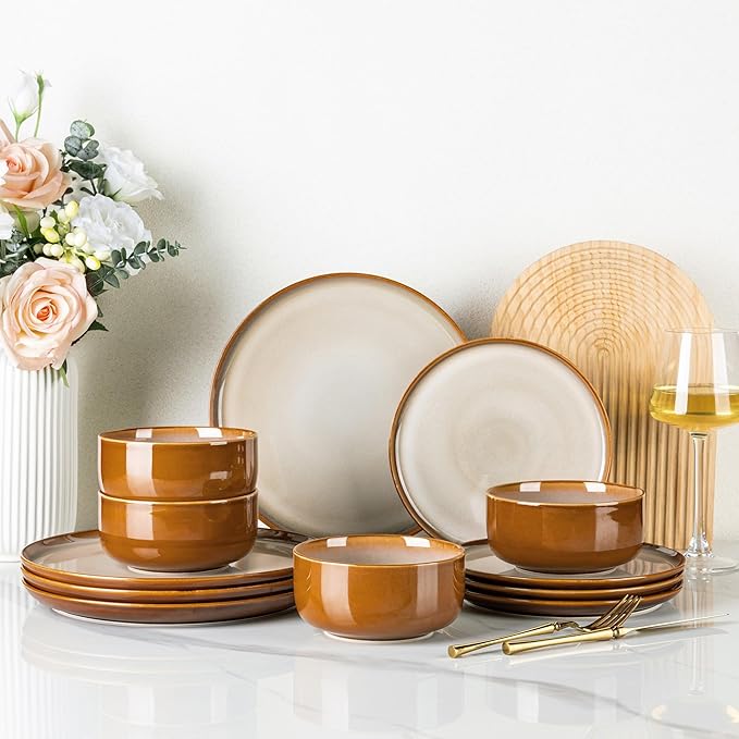 LERATIO Ceramic Dinnerware Sets for 4,12 Pieces Poreclain Plates and Bowls Sets,Scratch Resistant Dishes,Dishwasher & Microwave Safe,Oven Safe Dishes Set,Service for 4-Kahki