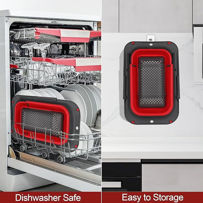 ROTTOGOON 7Qt Collapsible Colander Strainer, Expandable Over the Sink Colander, Adjustable Silicone Kitchen Sink Strainer, Foldable Large Colanders Basket to Wash Vegetable, Fruit, 15" to 19.9", Red