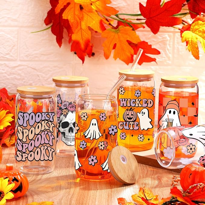 6 Pcs Halloween Glasses 16 oz Cute Ghost Flower Skull Cups with Bamboo Lid and Glass Straw Spooky Pumpkin Bat Can Shaped Mason Drinking Jars Iced Coffee Cups for Halloween Party Gift