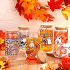 6 Pcs Halloween Glasses 16 oz Cute Ghost Flower Skull Cups with Bamboo Lid and Glass Straw Spooky Pumpkin Bat Can Shaped Mason Drinking Jars Iced Coffee Cups for Halloween Party Gift
