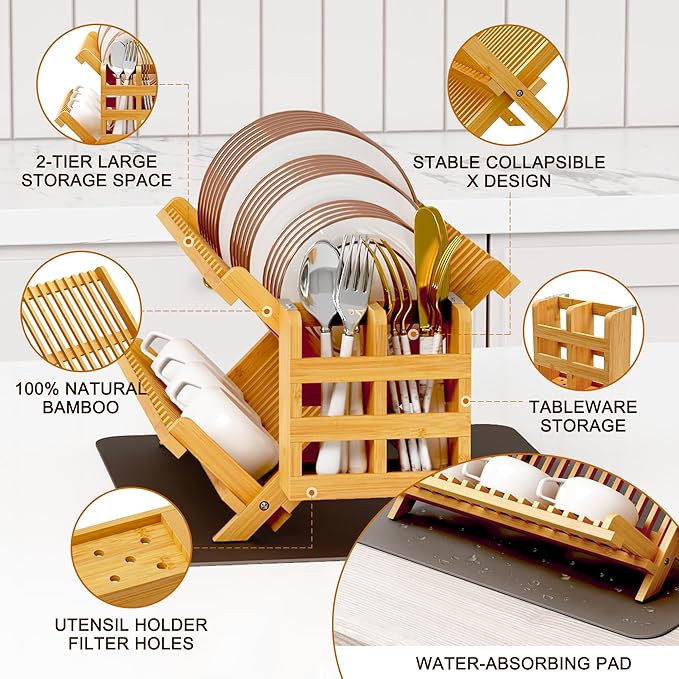 Greenual Bamboo Dish Drying Rack with Utensil Holder, 2 Tier Collapsible Dish Rack, Wooden Dish Racks for Kitchen Counter, Folding Drying Holder with Absorbent Dish Drying Mat