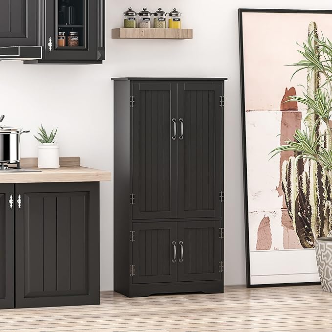 HOMCOM 48.5" Kitchen Pantry Cabinet with 2 Adjustable Shelves and 4 Beadboard Doors, Compact Farmhouse Kitchen Storage Cabinet for Dining Room, Black