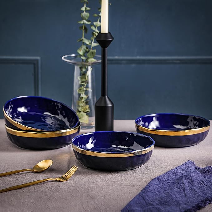 Stone Lain Florian 4-Piece Round Pasta Bowl Set, Blue with Gold Rim