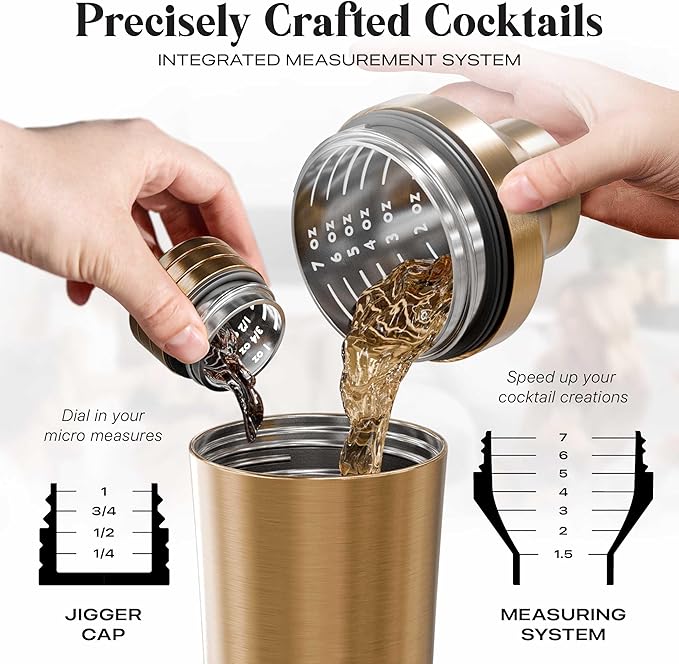 Insulated Cocktail Shaker Set | Double Wall Stainless Steel | Martini Shaker for Home Bar Bartending | Built-in Drink Measurement System & Strainer, Travel Bag, 35 Recipes | Gift Set (Copper)