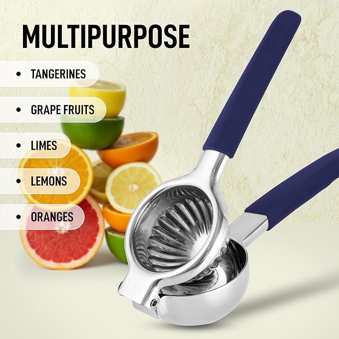 Zulay Lemon Squeezer Stainless Steel with Premium Heavy Duty Solid Metal Squeezer Bowl and Food Grade Silicone Handles - Large Manual Citrus Press Juicer and Lime Squeezer Stainless Steel (Navy)