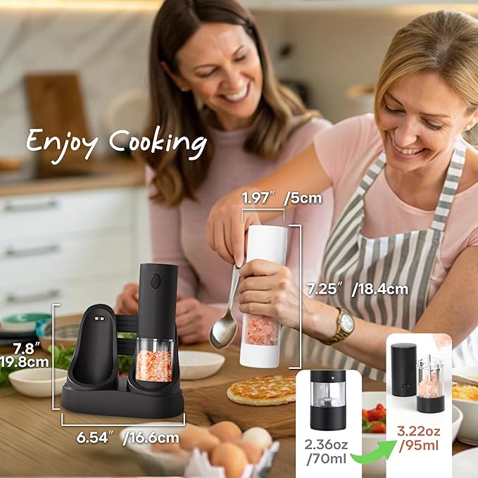 Electric Salt and Pepper Grinder Set – Automatic One-Handed Operation, Rechargeable ABS Mills, LED Light, 5-Level Adjustable Coarseness, Large 95ml Capacity and Charging Base