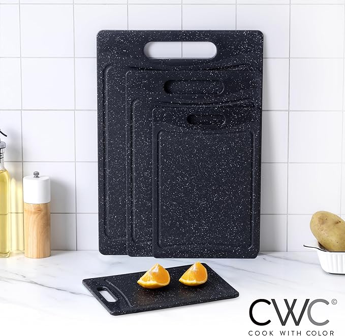COOK WITH COLOR Non-Slip Cutting Board Set – Kitchen Essentials with Easy Grip Handle for Meat, Veggies, and Fruits, 4 Cutting Boards, Black