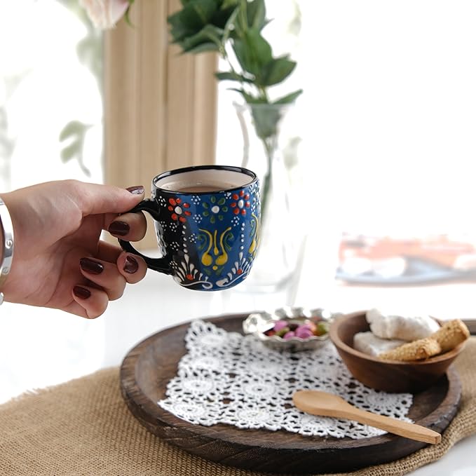 Espresso Cups Set of 2 | 4 oz Small Espresso Cups | Turkish Tea Cups | Demitasse Mugs with Handle | Modern Stackable Ceramic Espresso Mugs Set (Green/Blue)