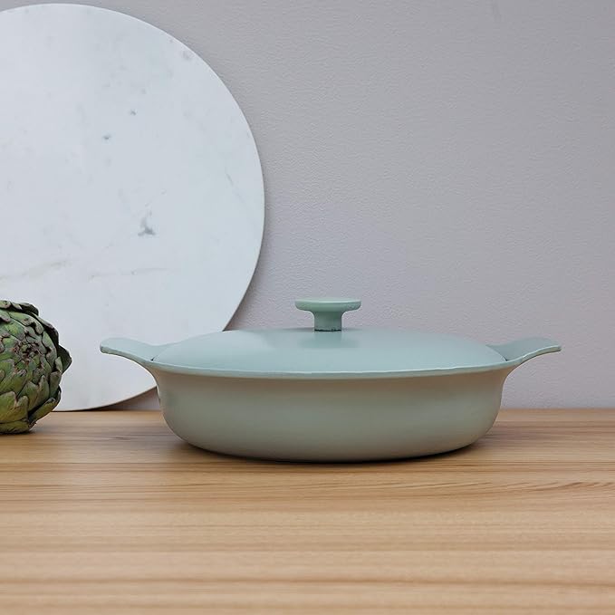 BergHOFF Ron 5Pc Enameled Cast Iron Cookware Set with Matching Lids for Starter Induction Pots and Pans for Slow Cooking Frying Safe Grip Handles, Green