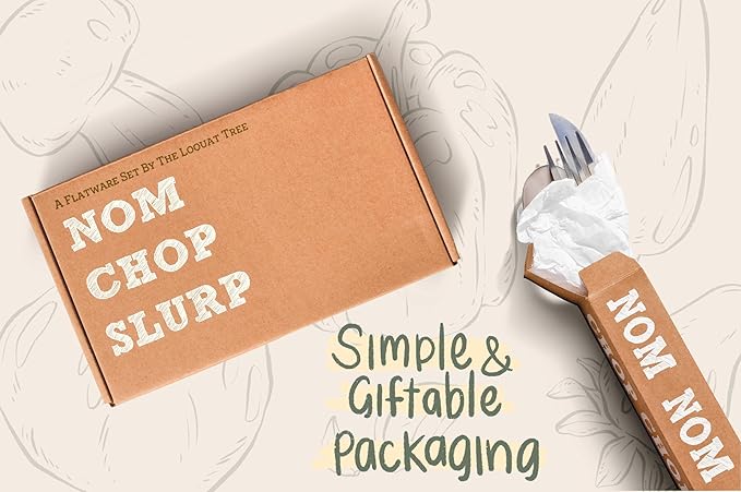 Fun Lightweight Stainless Steel Flatware Set with Walnut (4 Sets, NOM CHOP SLURP)