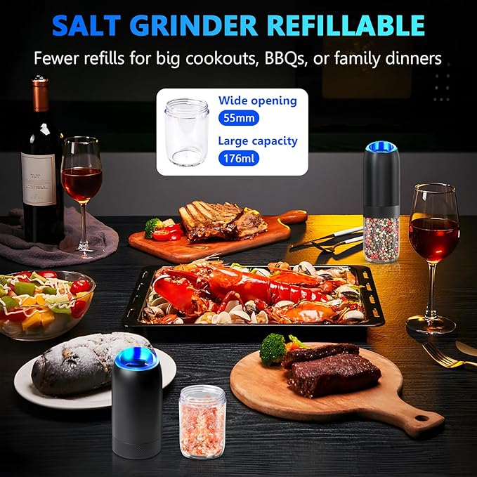 Gravity Electric Pepper and Salt Grinder,BoAn Automatic Battery Salt and Pepper Grinder Set,One-Hand Ceramic Larger Chamber Spice Mill,Adjustable Coarseness with LED Light for Kitchen New Home Gifts