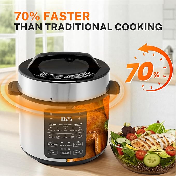Simple Deluxe 12-in-1 Electric Pressure Cooker, 6QT Stainless Steel & Non-Stick Multi Cooker for Slow Cook, Meat Stew, Cake, Porridge, Multigrain, Dishwasher Safe, Silver