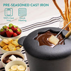 Navaris Cheese Fondue Set for 6 People - 2qt Cast Iron Fondue Sets with 6 Colour Coded Forks for Cheese, Chocolate or Meat - with Removable Splash Guard