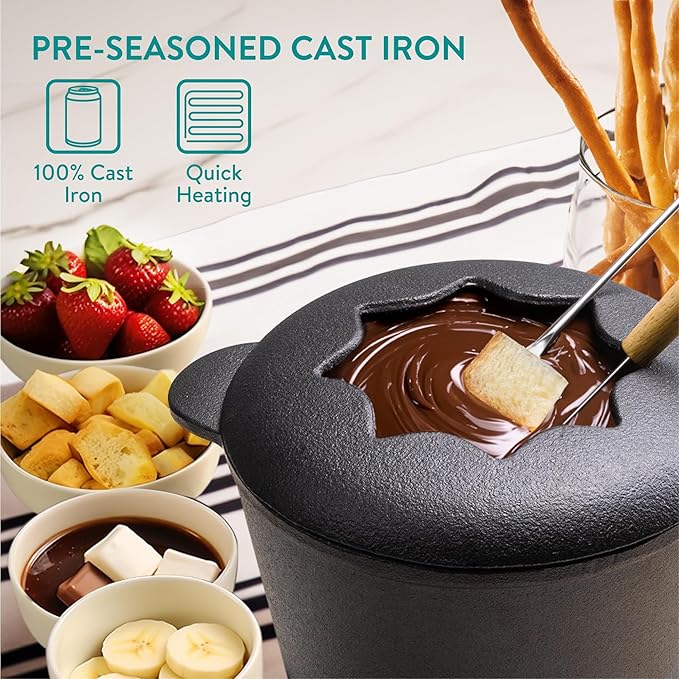 Navaris Cheese Fondue Set for 6 People - 2qt Cast Iron Fondue Sets with 6 Colour Coded Forks for Cheese, Chocolate or Meat - with Removable Splash Guard