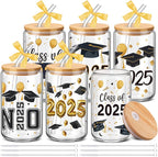 6 Pcs 2025 Graduation Gifts Class of 2025 Graduation Glass Cups with Lids and Straws 16 oz Grad Drinking Tumbler Graduate Iced Coffee Cup for College High School Student Grad Party Favor Gift