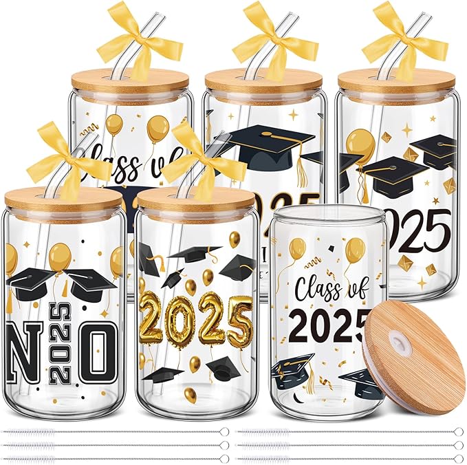 6 Pcs 2025 Graduation Gifts Class of 2025 Graduation Glass Cups with Lids and Straws 16 oz Grad Drinking Tumbler Graduate Iced Coffee Cup for College High School Student Grad Party Favor Gift