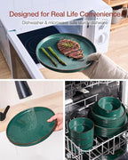 Famiware Nebula Ridge Stoneware Dinnerware Sets, Plates and Bowls Sets for 4, 12 Pieces Dishes Set, Microwave and Dishwasher Safe Kitchen Plates, Dark Green