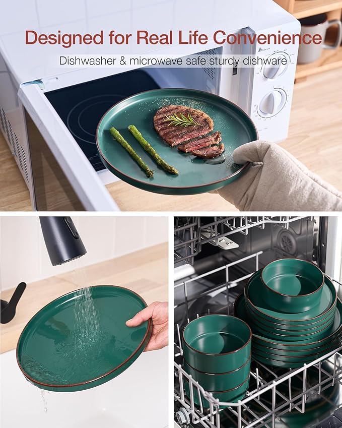 Famiware Nebula Ridge Stoneware Dinnerware Sets, Plates and Bowls Sets for 4, 12 Pieces Dishes Set, Microwave and Dishwasher Safe Kitchen Plates, Dark Green