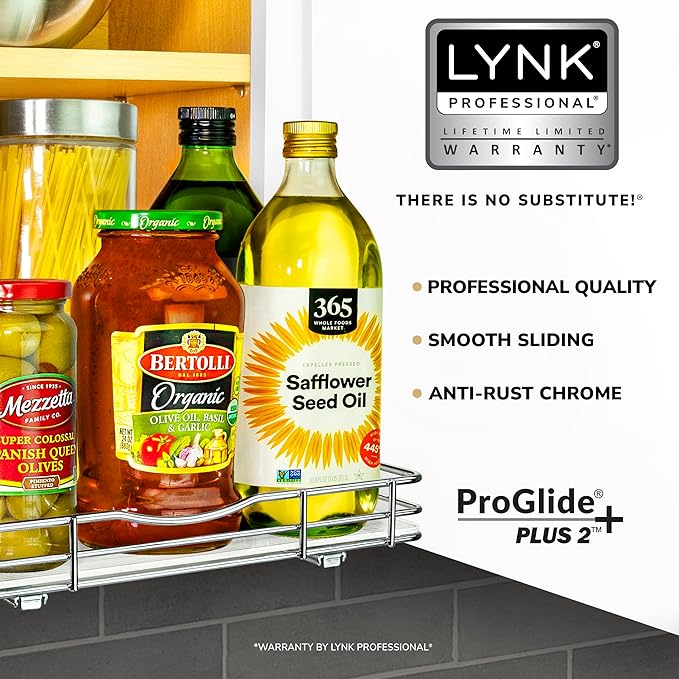 LYNK PROFESSIONAL® Pull Out Spice Rack Organizer for Inside Kitchen Cabinets - 12-1/4 inch Wide - Slide Out Drawer – Chrome Sliding Spice Cabinet Organization Shelf Racks - 1 Tier