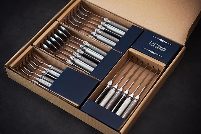 Laguiole Heritage Dinnerware Set; Luxury French Flatware in Premium Stainless Steel with Ergonomic ABS Handles; Features 6 Steak Knives, Forks, Tea/Coffee & Dessert Spoons, Iris, 24-Piece