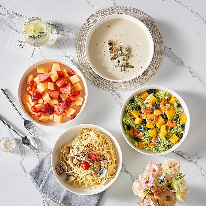 MALACASA 48 Oz Pasta Bowls Set of 4, 9 Inch Salad Bowls, White Ceramic Serving Bowls for Kitchen, Microwave & Dishwasher Safe, Series LUNA, White