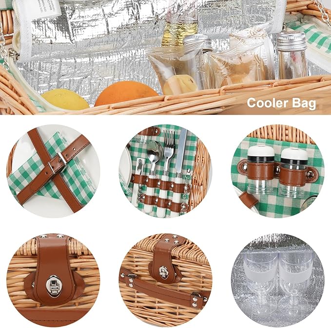 ZORMY Wicker Picnic Basket for 2 Person, Willow Hamper Basket Sets with Insulated Compartment, Handmade 2 Person Picnic Basket for Camping - GreenCheck