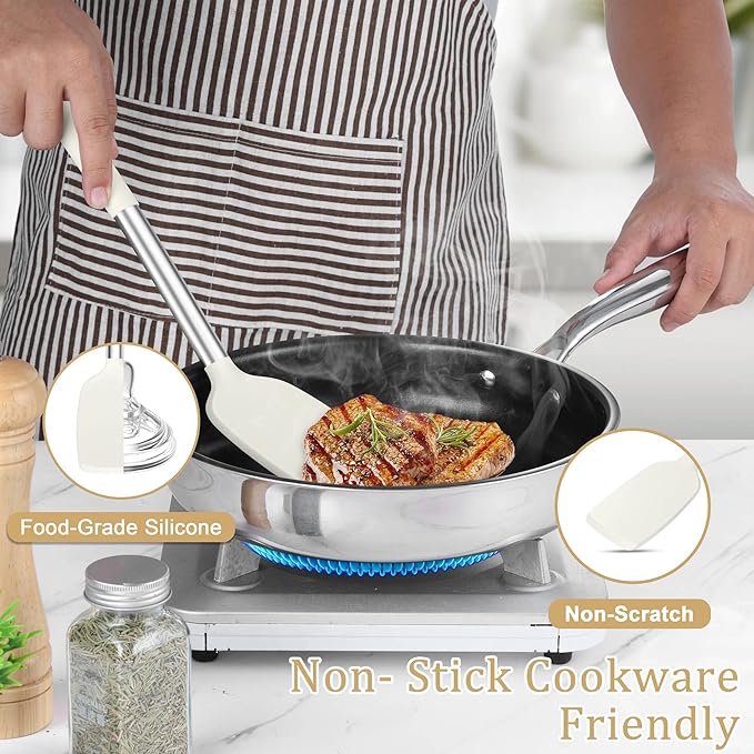 TeamFar Cooking Utensils Set, 5 Pcs Silicone Kitchen Utensils with Stainless Steel Handle, for Nonstick Cookware Flipping Frying Turning Draining, Heatproof & Healthy, Healthy & Easy Clean, White