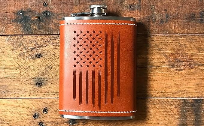 Leather Wrapped 8 oz American Flag Flask | Stainless Steel USA Hip Flask – Tobacco Brown, American Flag Gifts | Disabled USMC Vet Owned SMALL Business