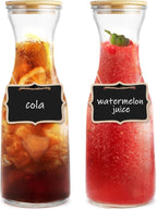 Set of 2 Circular Glass Carafe, 1 Liter Beverage Serveware Carafe with Bamboo Lid, Water Bottles, Clear Glass Pitchers for Mimosa Bar, Milk, Juice, Lemonade(2 Bottles)