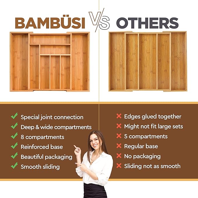 Bamboo Expandable Drawer Organizer for Utensils - Adjustable Cutlery Tray with Dividers for Silverware, Flatware, and Knives in Kitchen, Bedroom, or Living Room Storage