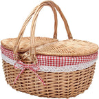 Natural Rattan Picnic Basket for 4 Adults - Portable Wicker Hamper with Removable Red & White Gingham Lining, Foldable Handles & Lockable Lid, Detachable Cushioned Tote (15"x11"x7" Outdoor Essentials)
