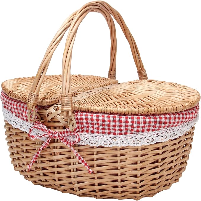 Natural Rattan Picnic Basket for 4 Adults - Portable Wicker Hamper with Removable Red & White Gingham Lining, Foldable Handles & Lockable Lid, Detachable Cushioned Tote (15"x11"x7" Outdoor Essentials)