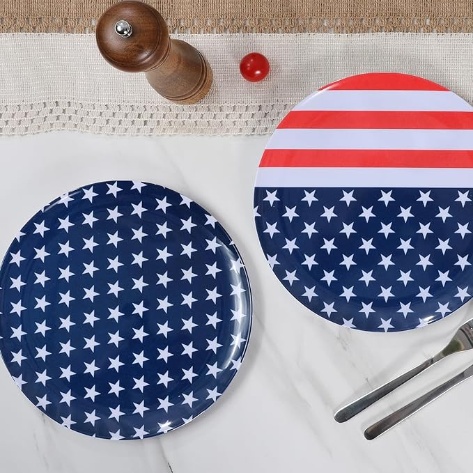 12-Piece Melamine Dinner Plates - 10 Inch Unbreakable Plates for 4th of July Party, Red White Blue Decorations, Lightweight Dinnerware for BBQ, Picnic, Independence Day - Mixed Colors
