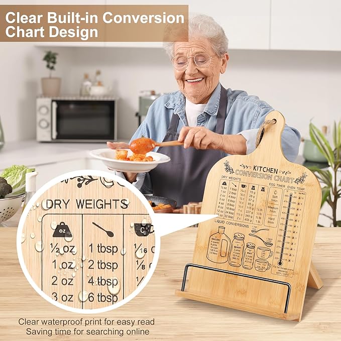 Cookbook Stand for Kitchen Counter Bamboo Recipe Book Holder with Conversion Chart Adjustable Non Slip Cookbook Holder Kitchen Gifts for Women Gifts for Housewarming Christmas Retirement Wedding