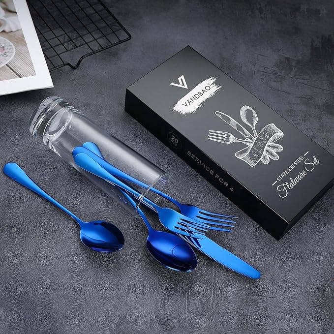 Blue Silverware Set Flatware Cutlery - 20 Pieces Stainless Steel Tableware Set Service for 4,Include Fork Knife Spoon,Mirror Polished,Dishwasher Safe