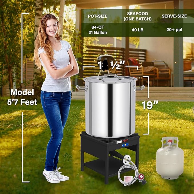 ARC 84QT Stainless Steel Pot with 200,000BTU Propane Fryer, Seafood Boil Pot, Crab Boil Pot, Lobster Pot, Shrimp Boil Pot, Tamale Steamer Pot with Basket and Turkey Fryer Burner