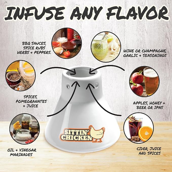 Sittin' Chicken Ceramic Beer Can Steamer & Roaster-Easily Infuse Marinade & Sauce Flavors Into Your Meat- Wide Ceramic Base for Oven or Grill Use- Durable & Reusable for Xmas Dinner & Holiday Parties