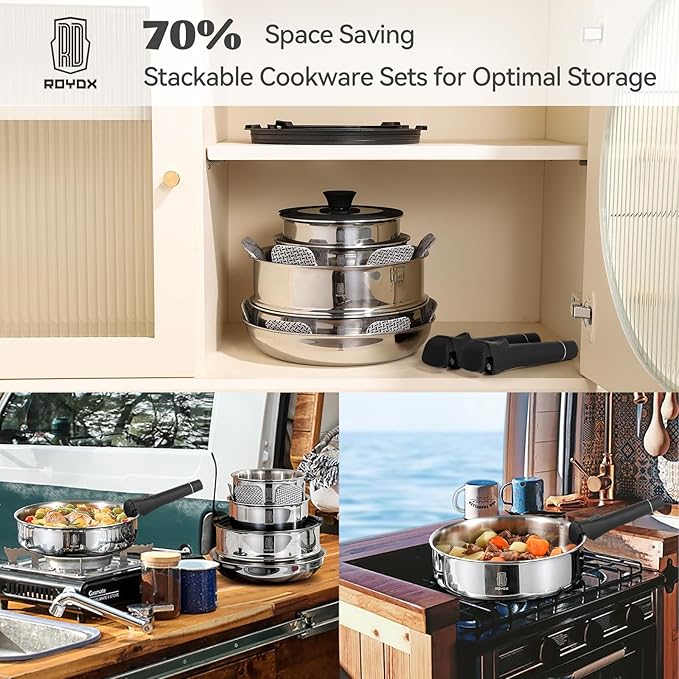 ROYDX16 PCS Pots and Pans Set,18/10 Stainless Steel Cookware Set with Adjustable Detachable Handles for RV,home Dishwasher Safe and Oven Safe