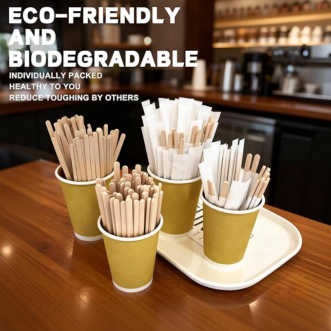 Coffee Stirrers 1000pcs Individually Wrapped Coffee Stirrers Wood - 5.5 Inch Disposable Wooden Stir Sticks for Coffee, Cocktail and Hot Drinks