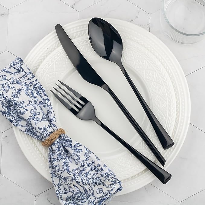 Alata Bailey Black 20-Piece Forged Stainless Steel Flatware Set Cutlery Set, Service for 4, Silver Finish, Dishwasher Safe