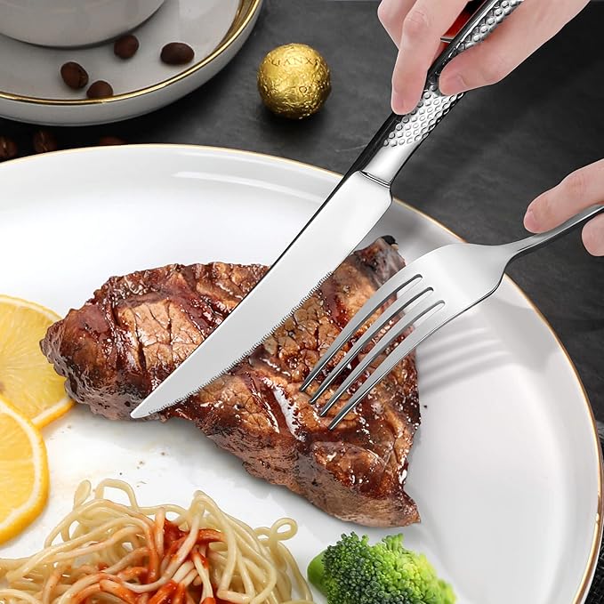Lemeya 40-Piece Hammered Silverware Set for 8 with Serrated Forging Knives,18/10 Stainless Steel Modern Flatware Set,Unique Cutlery Set Spoons and Forks Set,Mirror Polished,Dishwasher Safe