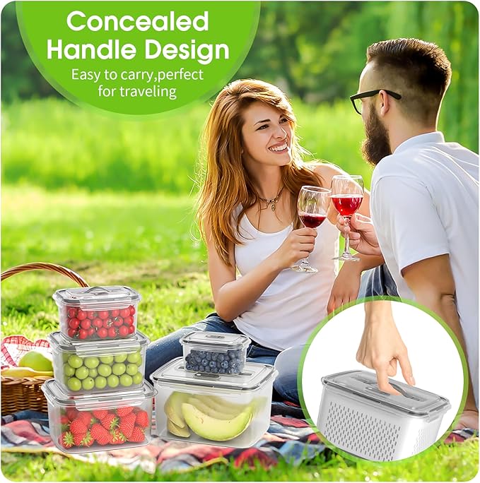 Fruit Storage Containers for Fridge - 5 Size Berry Containers for Fridge Keep Fresh with Colanders and Vent Handle Lids, Clear Vegetable Storage Containers for Refrigerator, Lettuce Keeper